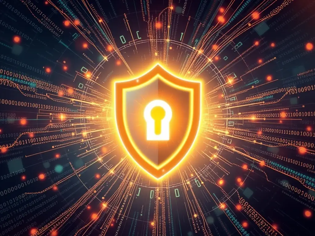 A digital illustration depicting a shield with a network of interconnected nodes, symbolizing real-time threat detection and prevention within a cybersecurity system.