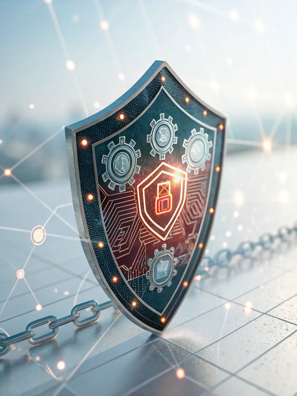 A digital illustration depicting a shield with a network of interconnected nodes, symbolizing enhanced security and decentralized authentication for digital objects.